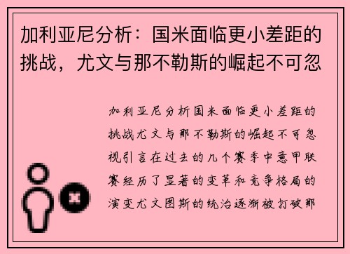 加利亚尼分析：国米面临更小差距的挑战，尤文与那不勒斯的崛起不可忽视